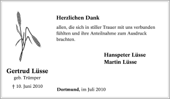 Traueranzeige von Gertrud Lüsse von Tageszeitung