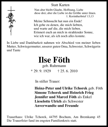 Traueranzeige von Ilse Föth von Tageszeitung