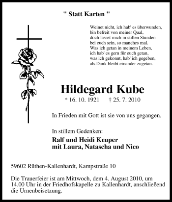 Traueranzeige von Hildegard Kube von Tageszeitung