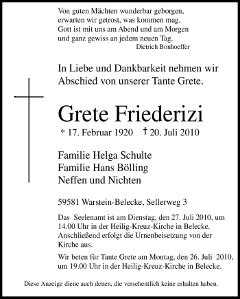 Traueranzeige von Grete Friederizi von Tageszeitung