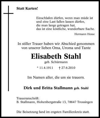 Traueranzeige von Elisabeth Stahl von Tageszeitung