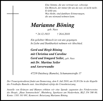 Traueranzeige von Marianne Böning von Tageszeitung