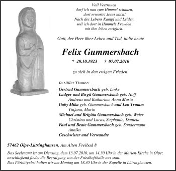 Traueranzeige von Felix Gummersbach von Tageszeitung