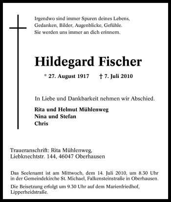 Traueranzeige von Hildegard Fischer von Tageszeitung