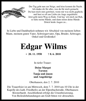 Traueranzeige von Edgar Wilms von Tageszeitung