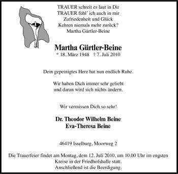 Traueranzeige von Martha Gürtler-Beine von Tageszeitung
