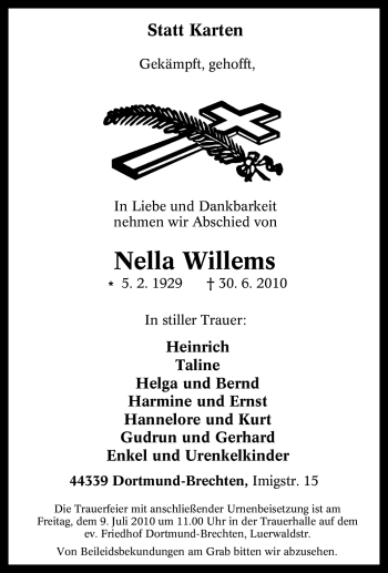 Traueranzeige von Nella Willems von Tageszeitung