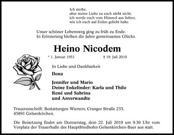 Traueranzeige von Heino Nicodem von Tageszeitung