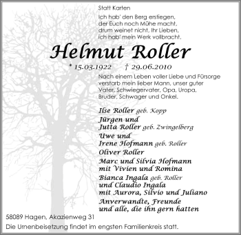 Traueranzeige von Helmut Roller von Tageszeitung