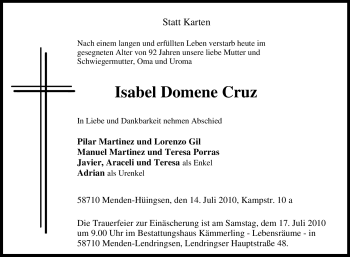 Traueranzeige von Isabel Domene Cruz von Tageszeitung