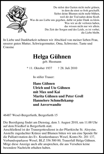 Traueranzeige von Helga Gühnen von Tageszeitung