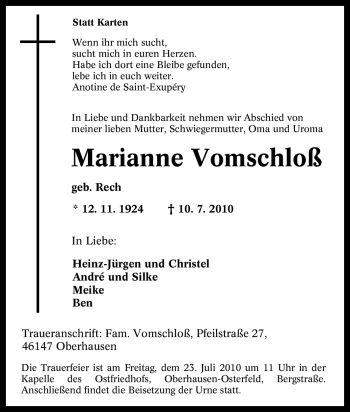 Traueranzeige von Marianne Vomschloß von Tageszeitung