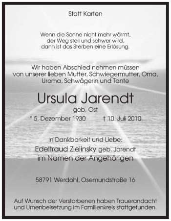 Traueranzeige von Ursula Jarendt von Tageszeitung