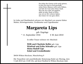 Traueranzeige von Margareta Lips von Tageszeitung