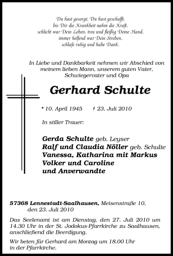 Traueranzeige von Gerhard Schulte von Tageszeitung
