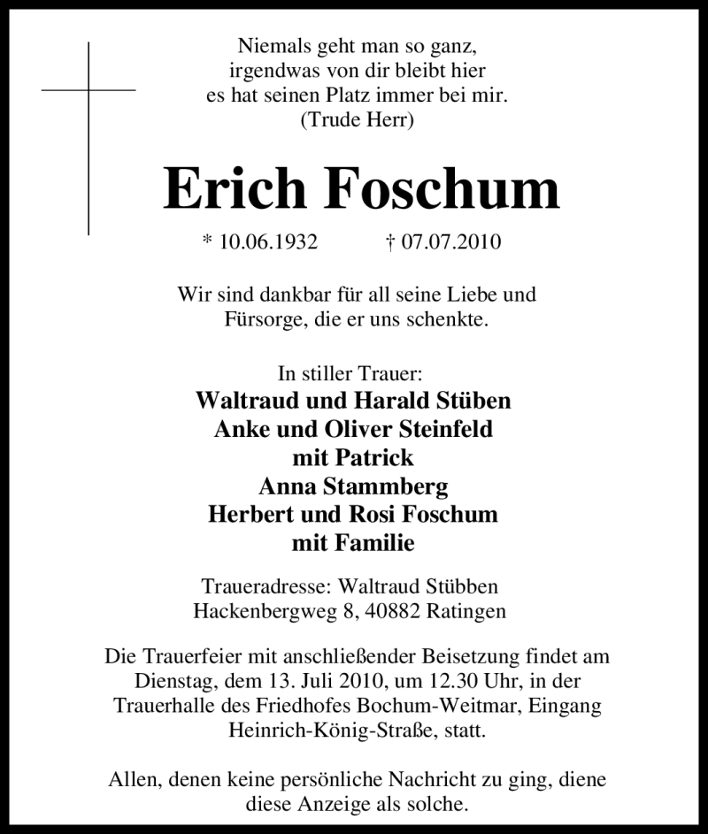  Traueranzeige für Erich Foschum vom 09.07.2010 aus Tageszeitung