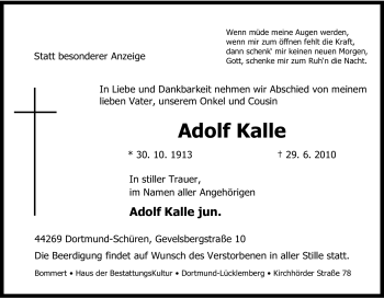 Traueranzeige von Adolf Kalle von Tageszeitung