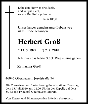 Traueranzeige von Herbert Groß von Tageszeitung