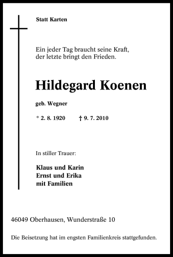 Traueranzeige von Hildegard Koenen von Tageszeitung