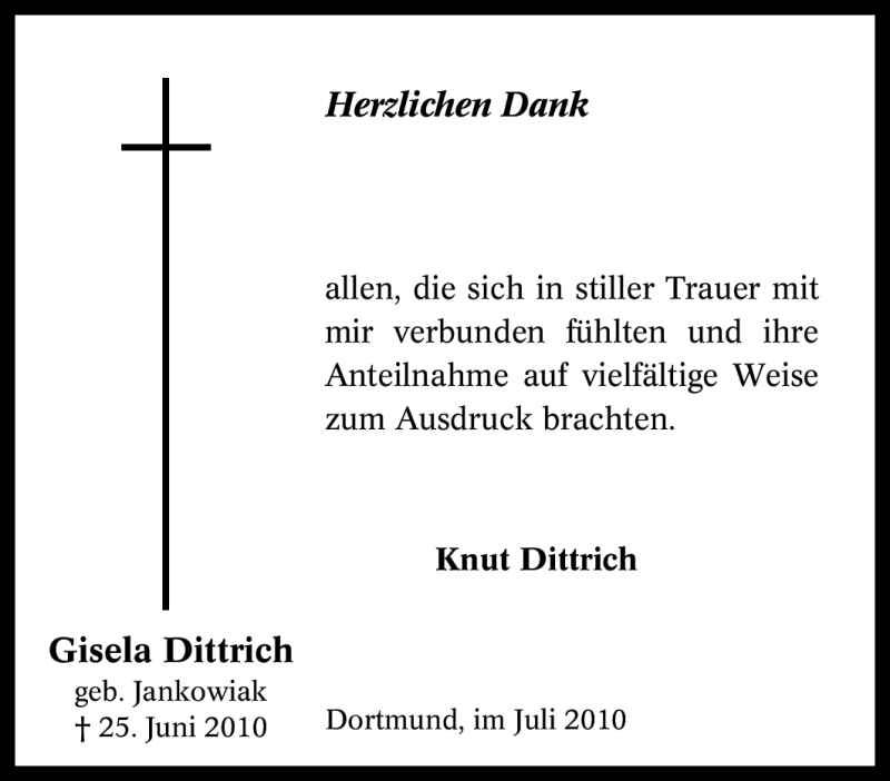  Traueranzeige für Gisela Dittrich vom 31.07.2010 aus Tageszeitung