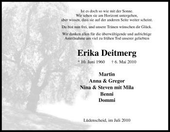 Traueranzeige von Erika Deitmerg von Tageszeitung