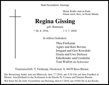 Traueranzeige von Regina Gissing von Tageszeitung
