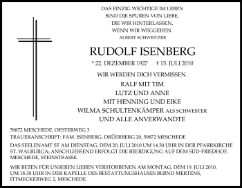 Traueranzeige von Rudolf Isenberg von Tageszeitung