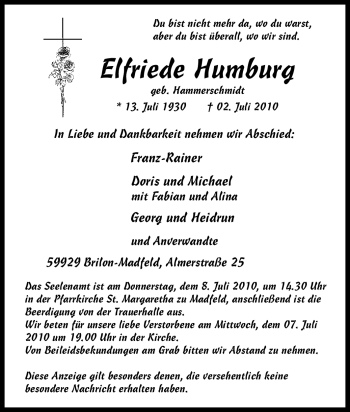 Traueranzeige von Elfriede Humburg von Tageszeitung