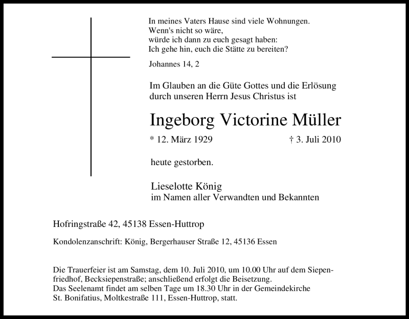  Traueranzeige für Ingeborg Victorine Müller vom 07.07.2010 aus Tageszeitung