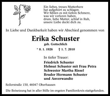 Traueranzeige von Erika Schuster von Tageszeitung