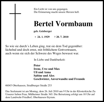 Traueranzeige von Bertel Vormbaum von Tageszeitung
