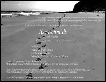 Traueranzeige von Ilse Schmidt von Tageszeitung