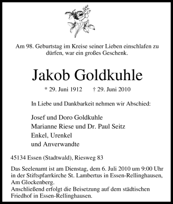 Traueranzeige von Jakob Goldkuhle von Tageszeitung