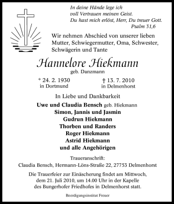 Traueranzeige von Hannelore Hiekmann von Tageszeitung