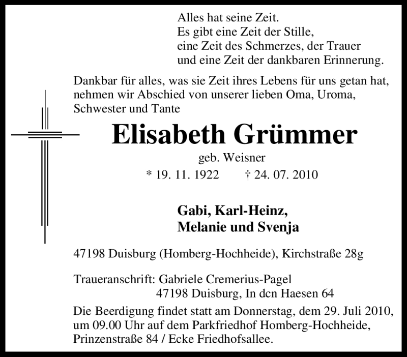  Traueranzeige für Elisabeth Grümmer vom 27.07.2010 aus Tageszeitung