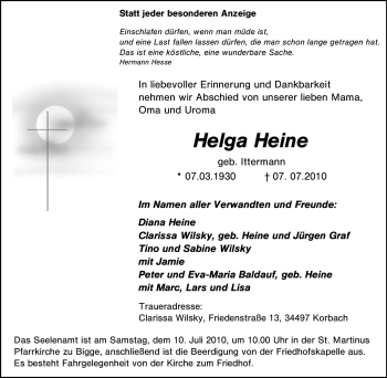 Traueranzeige von Helga Heine von Tageszeitung