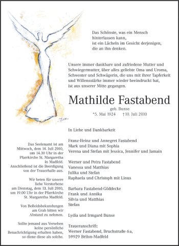 Traueranzeige von Mathilde Fastabend von Tageszeitung
