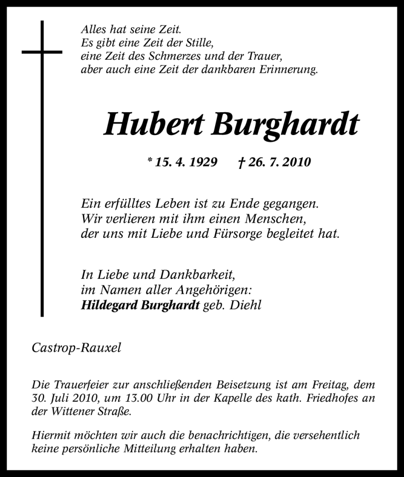  Traueranzeige für Hubert Burghardt vom 28.07.2010 aus Tageszeitung