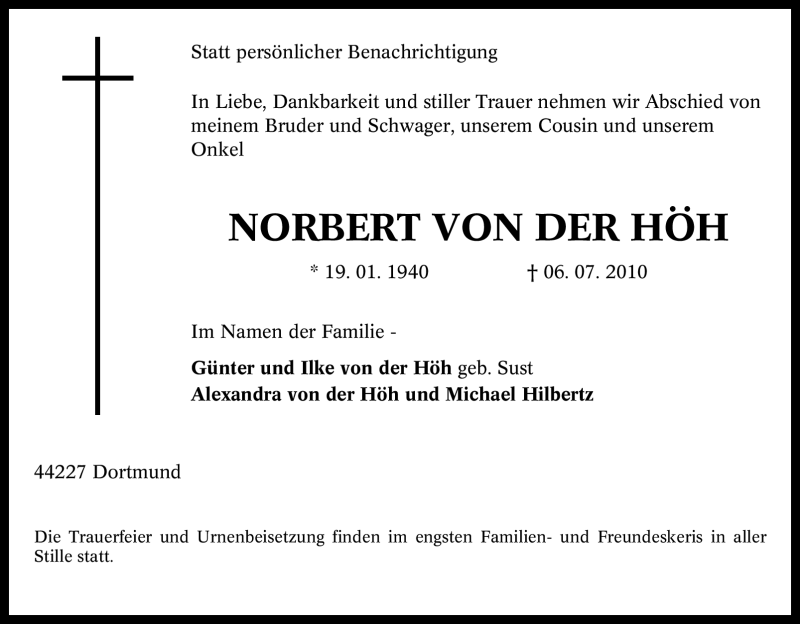 Traueranzeige für Norbert von der Höh vom 17.07.2010 aus Tageszeitung