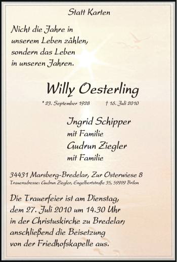 Traueranzeige von Willy Oesterling von Tageszeitung
