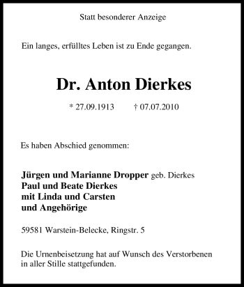 Traueranzeige von Anton Dierkes von Tageszeitung