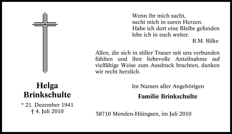  Traueranzeige für Helga Brinkschulte vom 31.07.2010 aus Tageszeitung