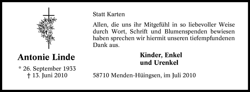  Traueranzeige für Antonie Linde vom 31.07.2010 aus Tageszeitung