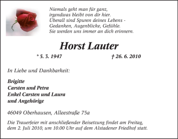 Traueranzeige von Horst Lauter von Tageszeitung