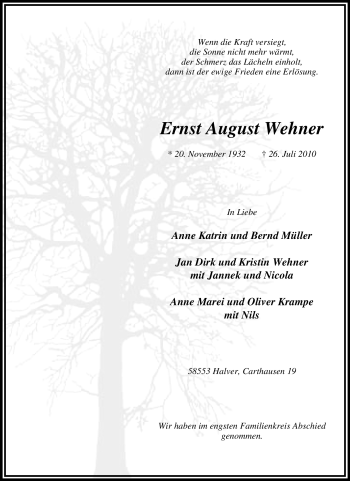 Traueranzeige von Ernst August Wehner von Tageszeitung