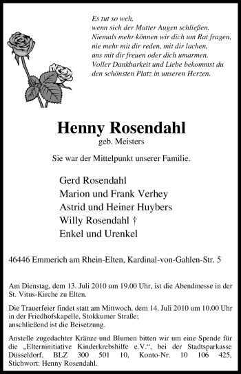 Traueranzeige von Henny Rosendahl von Tageszeitung