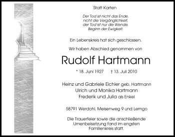 Traueranzeige von Rudolf Hartmann von Tageszeitung