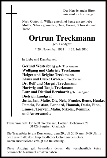 Traueranzeige von Ortrun Treckmann von Tageszeitung