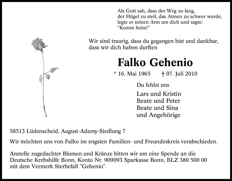  Traueranzeige für Falko Gehenio vom 09.07.2010 aus Tageszeitung