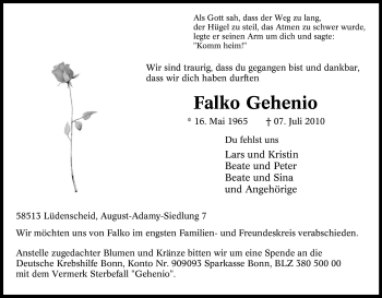 Traueranzeige von Falko Gehenio von Tageszeitung